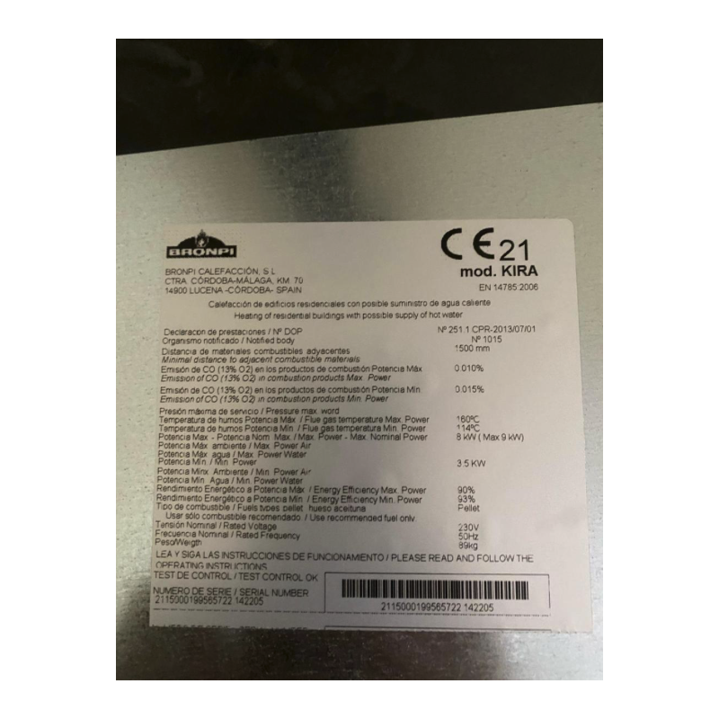 Poêle granulés Bronpi KIRA 9,2Kw