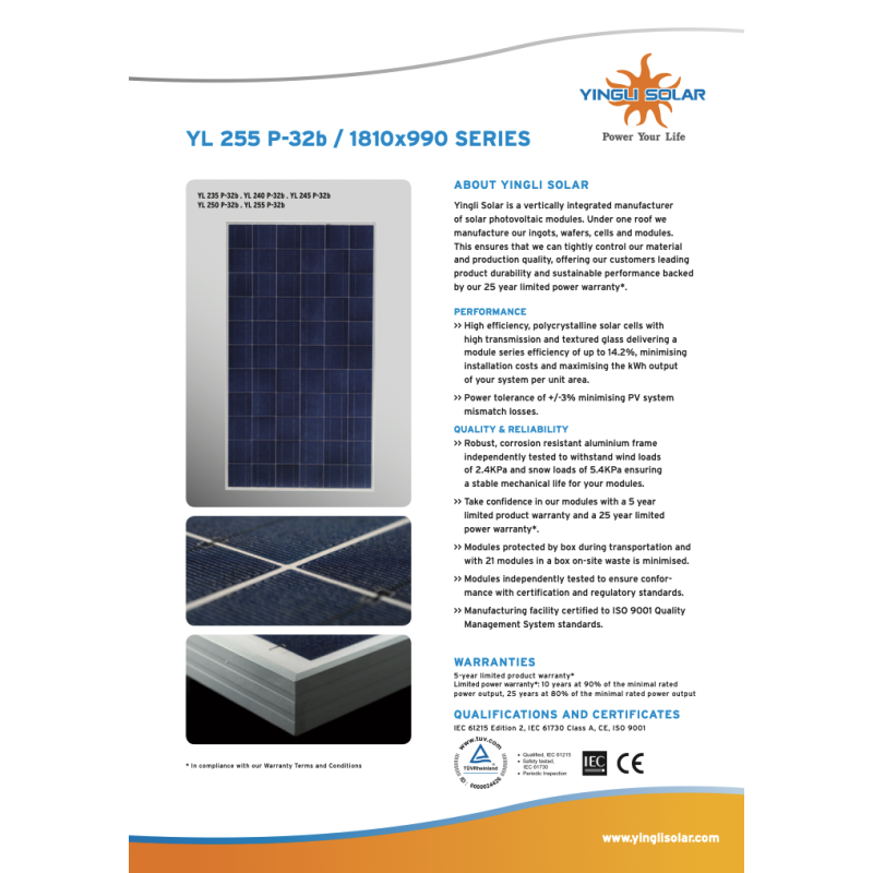 Panneaux solaires d’occasion yingli solar YL 255 P 32B 250W (prix unitaire)x800