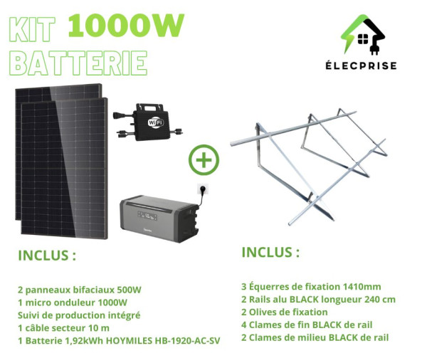 Kit solaire 1000W avec batterie – support au sol (2 panneaux)