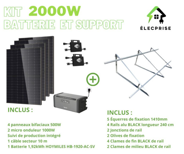 Kit solaire 2000W avec batterie – support au sol (4 panneaux)